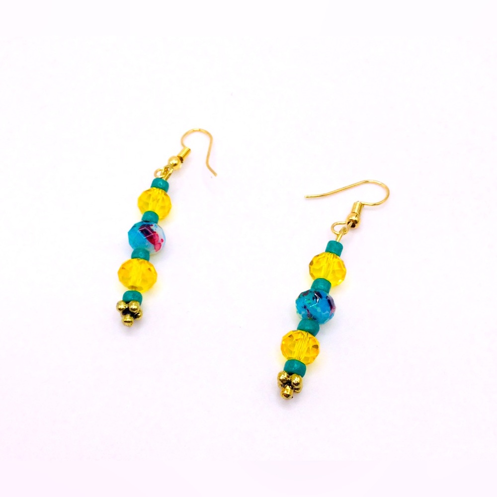 Blue and Yellow Gold Tone Crystal Earrings